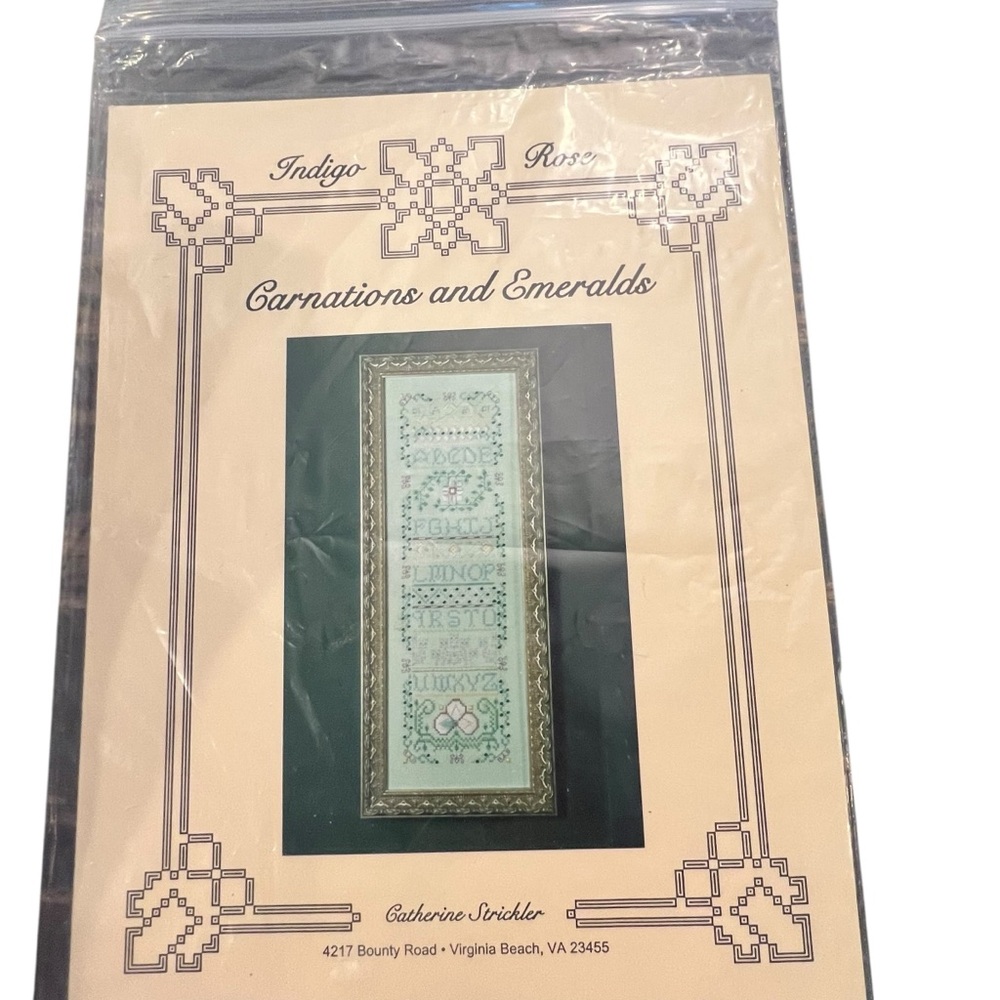 VTG Indigo Rose Cross‎ Stitch Carnations And Emeralds Pattern Chart Rare Sampler